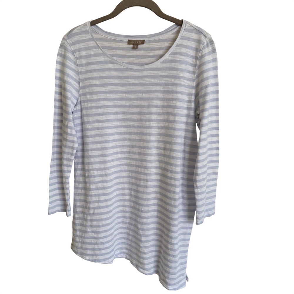 Lilla‎ P Womens Small Blue White Striped Asymmetrical Hem Long Sleeve Cotton Tee